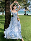 Ebbgo  - Tea Break French Blue Strap Dress Female Summer New Beach Holiday Sunset Fairy