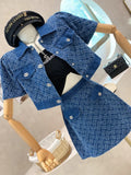 Ebbgo  -  Summer New Street Fashion Women's Suit With Skirt Denim Short Sleeve Top Sweet Girl Female Blue Plaid Skirt 2 Piece Set