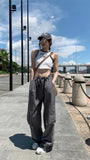 Ebbgo  -  Grey American High-Waisted Drawstring Overalls Casual Pants Women's Summer Thin Loose Straight Leg Pants Wide Leg Pants Mop Pant