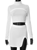 Ebbgo  Two Pieces Set Turtleneck Slim Casual Women Sexy Simple Crop Top + Y2k Aesthetic Harajuku Streetwear Fashion Solid Split Skirts