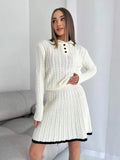 Ebbgo  -  Women Ribbed Knitted Mini Skirt 2 Pieces Set Fashion Polo Collar Button Long Sleeve Pullover Suits Lady Chic Street Outfits