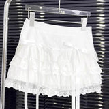 Ebbgo  White Pleated Women A-line Cake Skirt Sweet Lovely Preppy Style Korean Fashion Simple Casual Elastic Waist Short Skirt