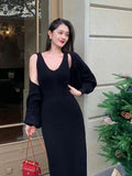 Ebbgo  -  Autumn Vintage Two Piece Set Women French Style V-neck Slim Solid Midi Dress Set Female Long Sleeve Chic Party Dress Suit