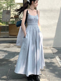 Ebbgo  New Summer Solid Midi Dress Women Spaghetti Strap A-line Casual Korean Chic Streetwear with Pockets Slim One Piece Vestidos