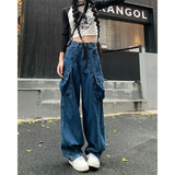 Ebbgo   Vintage Dark Blue Women Cargo Jeans Summer Y2K Streetwear Loose Pocket High Waist Denim Pants Bf Straight Wide Leg Trousers