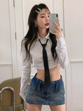 Ebbgo  Y2k Aesthetic Slim Waist Tunic Crop Top Women White Long Sleeve Blouse Turn Down Collar Solid All Match Necktie Patchwork Shirt