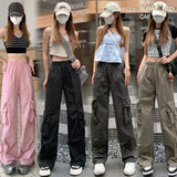 Ebbgo  American casual pants women's summer straight trousers mopping floor wide leg drawstring Cargo pants high waist slim trousers