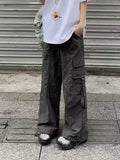 Ebbgo  Pockets Korean Designer Cargo Pants Women France Style Vintage Wide Legs Pants Female High Waist Casual Designer Pants  New