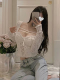 Ebbgo  -   Spring Sexy Bodycon White Blouse Women Slim Korean Fashion Y2k Crop Tops Basic Casual Vintage Lace Pullover Long Sleeve