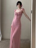 Ebbgo  -  New Elegant Fashion Summer Pleats Dresses for Women Drawstring Evening Party Korean Pink Bodycon Female Clothing