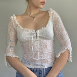 Ebbgo   Fairy Coquette Floral Lace T-shirt Low Cut Front Tie Up White Tees Chic Women Vintage Y2K Milkmaid Crop Tops Clothes