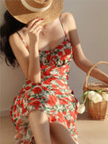 Ebbgo  -  Summer New Rose Floral Printed Midi Dress French Style Women's Spaghetti Strap Slim Waist Backless Vestidos Elegant Party Robe