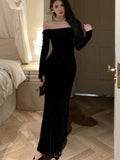 Ebbgo  Retro Velvet Long Dresses For Women Slash Neck Long Sleeve Bodycon Mermaid Autumn Winter Sexy Evening Party Prom Robe Vestidos