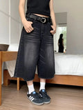 Ebbgo  -  Y2k Retro Women Low Rise Jorts Brushed Black Wash Cropped Baggy Jeans Wide Leg Frayed Denim Short Pants Acubi Fashion