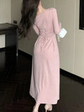 Ebbgo  Elegant Solid Knitted Dress Women Ruffles V-neck Lace-up Long Sleeve Slim Casual Female Korean Fashion Sexy Midi Vestidos Mujer