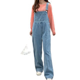 Ebbgo  -  Fall Loose Sleeveless Age Reducing Large Pocket Student Denim Suspenders Show Thin Straight Tube Mopping Casual Wide Leg Trouser