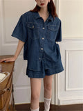 Ebbgo  Denim Suits Women Summer Retro Loose Fashion New Short Sleeve Shirts Wide Leg Shorts Office Lady High Street Sets