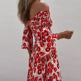 Ebbgo  -  Holidays Beach Floral Print Long Dress Women Spring Slash Neck Off Shoulder Maxi Dress Summer Flare Sleeve Backless Boho Dresses