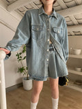 Ebbgo  Blue Jeanswear Two Pieces Sets Women New Slim Fashion Loose Denim Coats Summer OL Retro Pleated Mini Skirts Suits