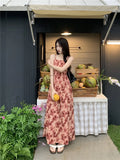 Ebbgo  Vintage Rose Print Belted Maxi Dress Women's Summer 2023 New Design Sense Waist Cinching Fashion Spaghetti Strap Dress