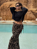 Ebbgo  Vintage Leopard Print Slim Long Skirts Women Chic High Waist Lace Up Maxi Skirts 2024 Spring Summer Casual Highstreetwear