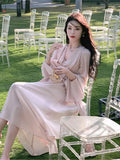 Ebbgo  French Romantic Pink Chiffon Long Dress V-neck Flare Sleeve vestido maxi robe femme chic et élégante soiree longue wedding prom