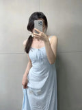 Ebbgo  Causal Women Blue Lace-up Printed Sling Dress  Summer Fashion Sleeveless Dress Female Chic Bottoms