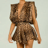 Ebbgo  -  Leopard Print Mini Dress Women Sexy Deep V-neck Backless Beach Dresses Summer Sleeveless Chiffon Holiday Party Dress New