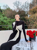 Ebbgo  -  Retro Fashion Contrast Color Elegant Party Ladies Dresses Autumn Casual Street Long Sleeve Slim Midi Dress for Women