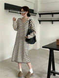 Ebbgo  -  French Striped Knit Dress Women's Autumn New Casual Lazy Style Loose Fitting Long Skirt Fashion Harajuku