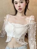 Ebbgo  Purple Backless Sexy Crop Tops Women Lace Korean Fashion Designer Slim Blouse Female Bow Button Elegant Sweet Tops New