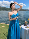 Ebbgo  -  Summer Sexy Backless Beach Long Dresses Women's Fashion Blue Halter A-line Party Sundress Elegant Pleated Runway Robe Mujers