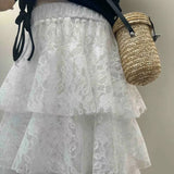 Ebbgo  -  White Long Cake Skirt Women Crochet Lace Skirt Japan Lolita Spring Summer High Waisted High Ruched Ruffle Pleated Skirts