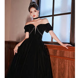 Ebbgo  -  Prom dresses gala ball dress black off-Shoulder velour dinner party evening gown black H221