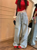 Ebbgo  Vintage Y2k Bow Washed Baggy Jeans Streetwear Women Korean Fashion Loose High Waisted Straight Wide Leg Denim Pants