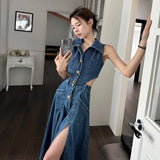 Ebbgo  Retro Denim Dress Women's  Summer New Shirt Collar Hollow Split Waist Long Skirt Sleeveless One-piece Sexy Denim Dresses