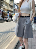 Ebbgo  Summer Straight Half Pants Women Work Wear Loose-Fitting  OL Preppy Style Casual Daily New Chic Solid Shorts