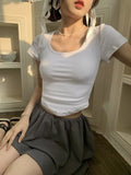 Ebbgo  Korean style  V-Neck Short Sleeve Round collar T-shirt Women's Summer New Sexy Open Umbilical Waist Show Short Top