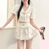 Ebbgo  -  Vintage Classic Short Suit Women Summer Short Sleeve Tops High Waist Shorts Two Piece Set