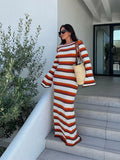 Ebbgo   -  Summer Knitted Stripe Maxi Dress Women Crochet Sheer Flare Sleeve Party O-neck Dresses Sexy Backless Beach Holiday Street Robes