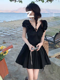 Ebbgo  Summer French Elegant Pure Color Dress Short Party Casual Y2k Mini Dress Woman Slim Basic One Piece Dress Korean Fashion