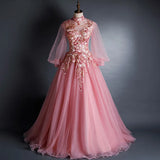 Ebbgo  -  Ball Gown Long Sleeve Colored Mesh Host Performance Pink Princess Dress Solo Art Exam Tulle Tutu Long Evening Gown Female H2839