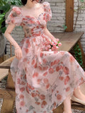 Ebbgo  - Summer French Vintage Floral Long Dress Puff Sleeve A-line Elegant Print Bohemian Party Vestidos Casual Holiday Party Dress