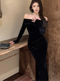 Ebbgo  Retro Velvet Long Dresses For Women Slash Neck Long Sleeve Bodycon Mermaid Autumn Winter Sexy Evening Party Prom Robe Vestidos