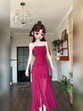 Ebbgo  -  Women's Rose Red A-line Evening Dress Y2k Vintage Elegant Oversize Long Dress Off Shoulder One Piece Frocks 2000s Clothes Summer