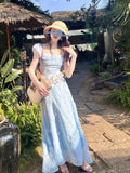 Ebbgo  -  Summer Fairy Puff Sleeve Slash Neck Blue Dress Women Elegant 3D Flower Decoration Chiffon High Waist Slim Princess Dresses