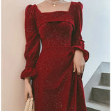 Ebbgo  -  Bridal Red Party Marriage Engagement Formal Dress Long Sleeve Satin Square Collar Shiny Maxi Dress H2992p