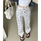 Ebbgo  White Women's Jeans Cartoon High Waisted Pants Vintage Straight Oversized Fashion 2023 Autumn Bottoms NEW Wide Leg Trouser