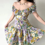 Ebbgo  -  Summer New Large French Retro Oil Painting Flower Bubble Sleeves Short Sleeved Dress with Back Strap Short Skirt