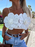 Ebbgo  -  3D Flower Cropped Top Women White Slip Backless Holiday Beach Tank Vest Female Summer Fashion All-match Lady Streetwear